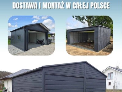 Garaż blaszany w kolorze grafit z bramą uchylną i dodatkami